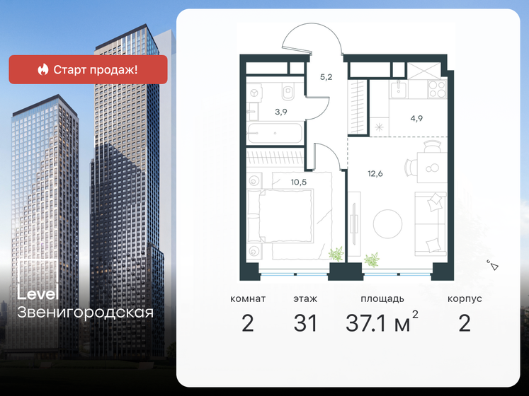 37,1 м², 2-комнатная квартира 16 426 419 ₽ - изображение 24