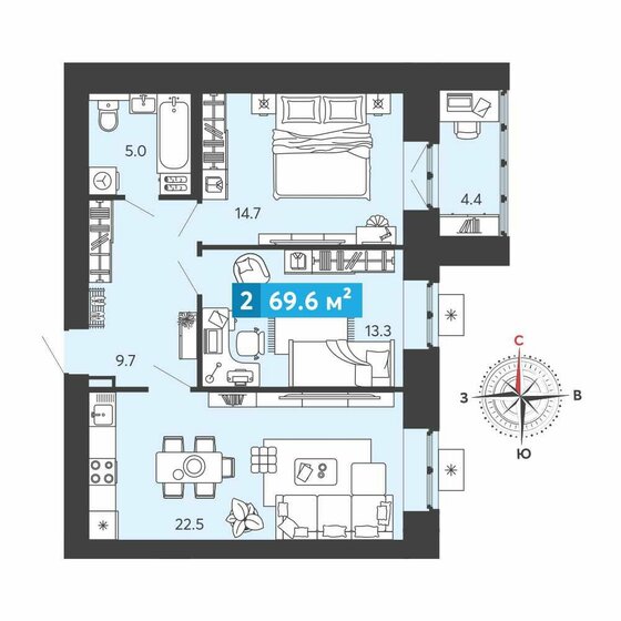 69,6 м², 2-комнатная квартира 5 944 680 ₽ - изображение 40