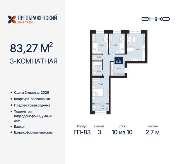 83,3 м², 3-комнатная квартира 16 700 000 ₽ - изображение 17