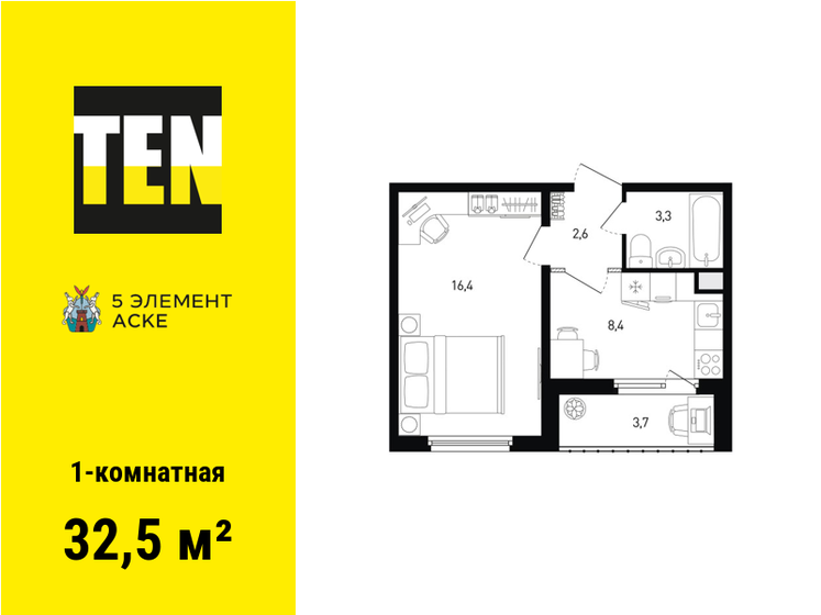 32,5 м², 1-комнатная квартира 4 699 500 ₽ - изображение 15
