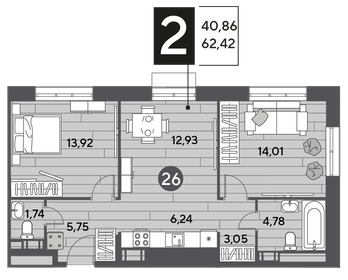 Квартира 62,4 м², 2-комнатная - изображение 1