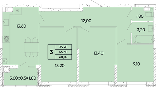 Квартира 68,1 м², 3-комнатная - изображение 1