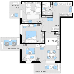 Квартира 77,4 м², 2-комнатные - изображение 1