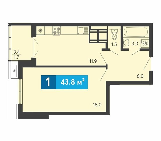 43,8 м², 1-комнатная квартира 4 631 000 ₽ - изображение 1