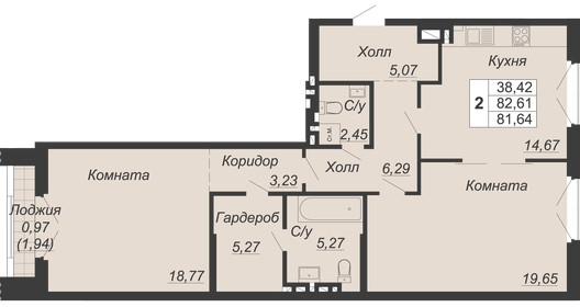 Квартира 81,6 м², 2-комнатная - изображение 1