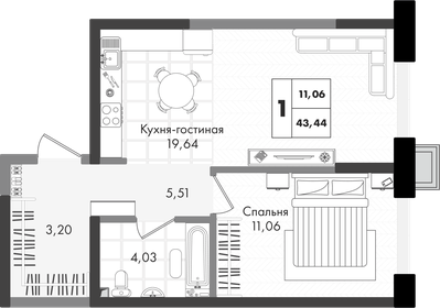 Квартира 43,4 м², 1-комнатная - изображение 1