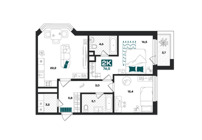 Квартира 76,5 м², 2-комнатная - изображение 1