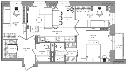 Квартира 80,8 м², 4-комнатная - изображение 1