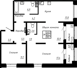 Квартира 90,7 м², 3-комнатная - изображение 1