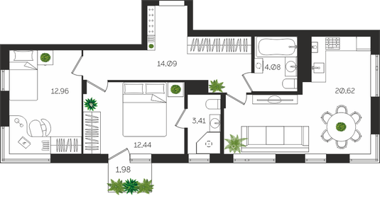Квартира 69,6 м², 2-комнатная - изображение 1