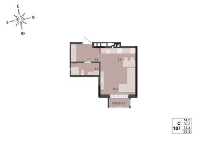 Квартира 31,3 м², студия - изображение 1