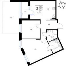 Квартира 62,8 м², 2-комнатная - изображение 2