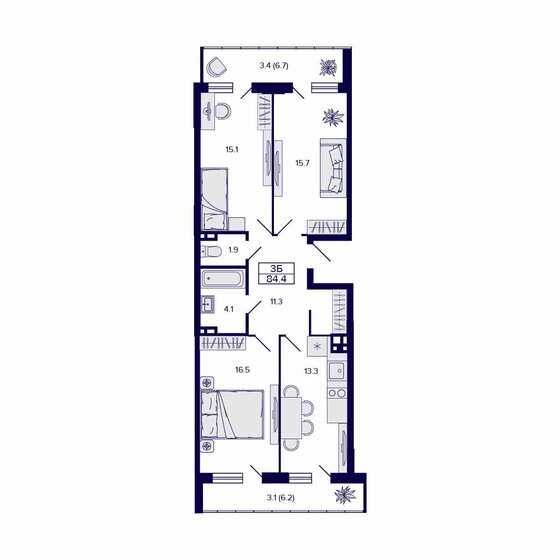 89,7 м², 3-комнатная квартира 7 900 000 ₽ - изображение 91