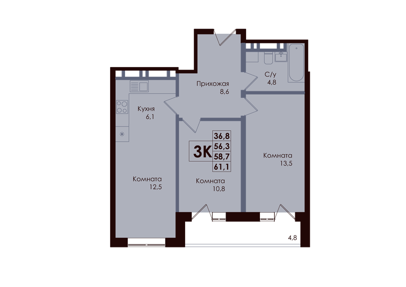 58,7 м², 3-комнатная квартира 8 364 750 ₽ - изображение 13