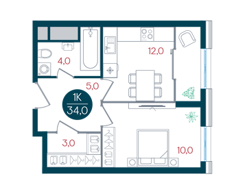 Квартира 34 м², 1-комнатная - изображение 1