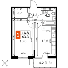 Квартира 43,7 м², 1-комнатная - изображение 2