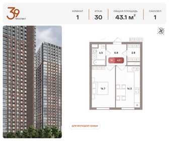 Квартира 43,1 м², 1-комнатная - изображение 1
