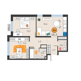 Квартира 56,3 м², 2-комнатная - изображение 1