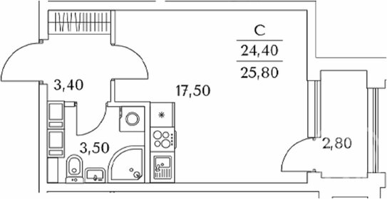 Квартира 25,8 м², 1-комнатная - изображение 1