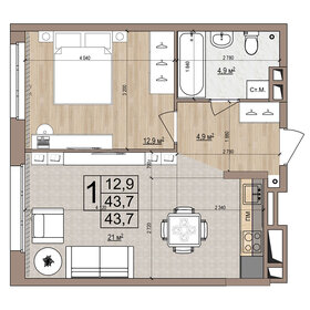 Квартира 43,7 м², 1-комнатная - изображение 1