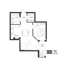 Квартира 58,2 м², 1-комнатная - изображение 3