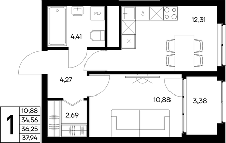Квартира 37,9 м², 1-комнатная - изображение 1