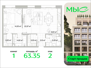 Квартира 63,4 м², 1-комнатная - изображение 1