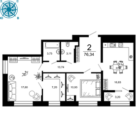 Квартира 74,7 м², 2-комнатная - изображение 1