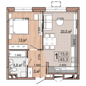 Квартира 43,3 м², 1-комнатная - изображение 1