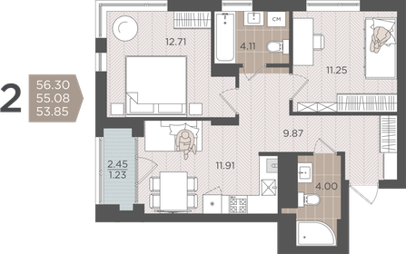 Квартира 55,1 м², 2-комнатная - изображение 1