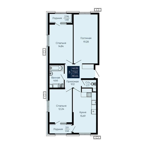 80,6 м², 3-комнатная квартира 12 096 000 ₽ - изображение 44