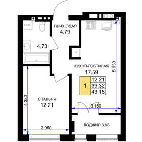 Квартира 44 м², 1-комнатная - изображение 1