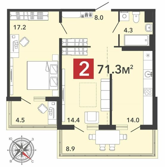 71,3 м², 2-комнатная квартира 5 580 000 ₽ - изображение 1