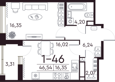 Квартира 46,7 м², 1-комнатная - изображение 1