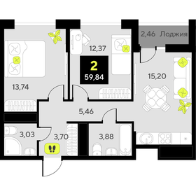 Квартира 59,8 м², 2-комнатная - изображение 1