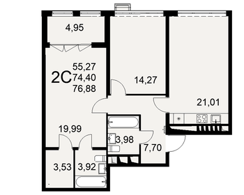 Квартира 76,9 м², 2-комнатная - изображение 1