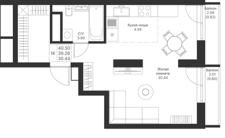 Квартира 40,5 м², 1-комнатная - изображение 1