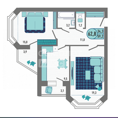 Квартира 62,8 м², 1-комнатная - изображение 2