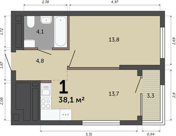 Квартира 38,1 м², 1-комнатная - изображение 1