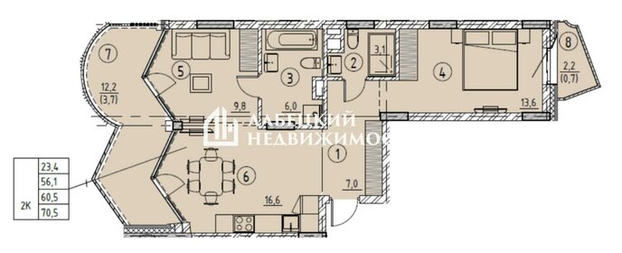 Квартира 60,5 м², 2-комнатная - изображение 1