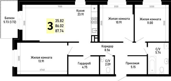 Квартира 87,7 м², 3-комнатная - изображение 1