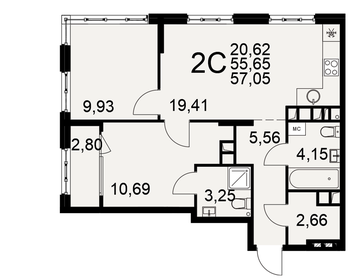 Квартира 57,1 м², 2-комнатная - изображение 1