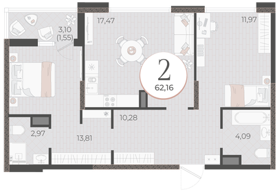 Квартира 62,2 м², 2-комнатная - изображение 1