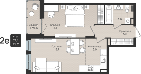 Квартира 49,2 м², 2-комнатная - изображение 1