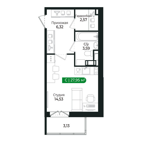26,7 м², квартира-студия 5 831 280 ₽ - изображение 55