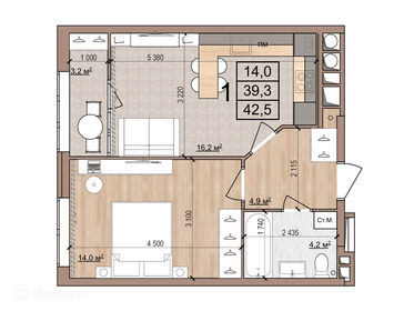 Квартира 42,5 м², 1-комнатная - изображение 1