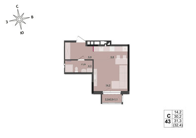 Квартира 31,3 м², студия - изображение 1