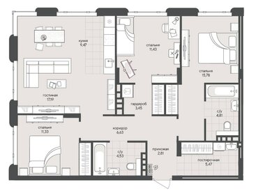 Квартира 92,9 м², 3-комнатная - изображение 1