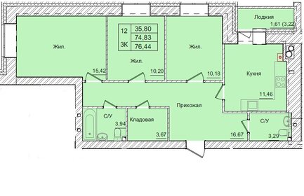 Квартира 76,4 м², 3-комнатная - изображение 1