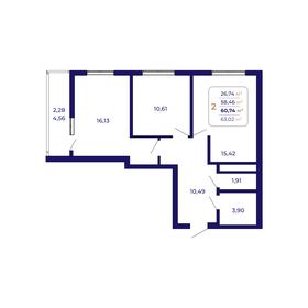 Квартира 60,7 м², 2-комнатная - изображение 1